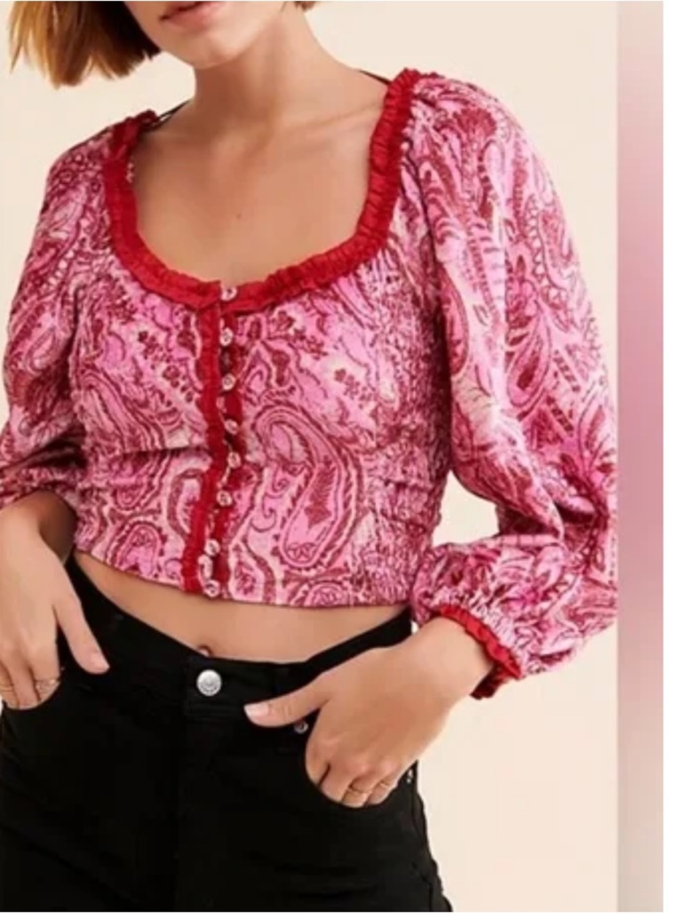 FREE PEOPLE DARE ME VELVET PAISLEY FLORAL RUFFLED TOP HOT PINK M and L